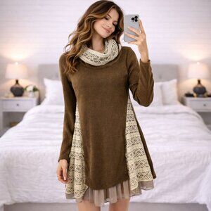 Altar'd State Cowl Neck Lace and Ruffle Accent Long Sleeve Sweater Dress Small